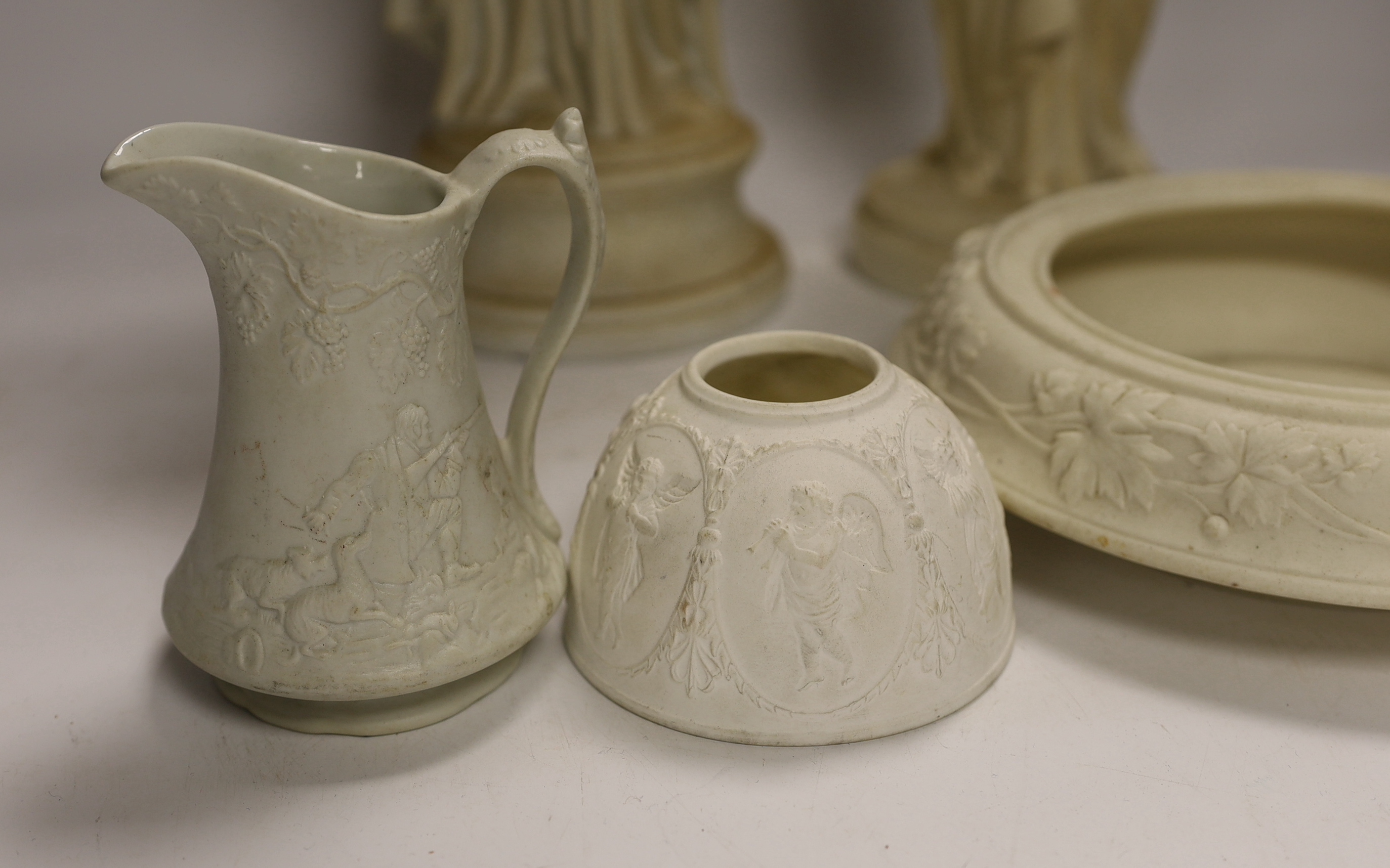 A collection of parian ware including figures and a small Portmeirion jug, tallest 38.5cm (6)